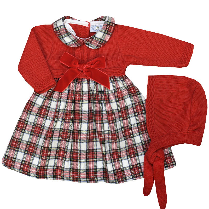 Knitted Tartan Red & White Dress With Bonnet